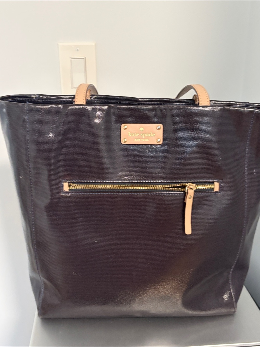 Kate Spade Black Patent Leather Tote with Tan Accents